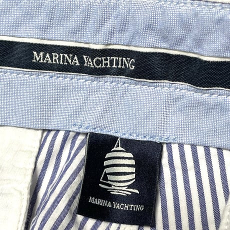 MARINA YACHTING シアサッカー生地ストライプ柄コットンスラックス ブルー×ホワイト 48サイズ