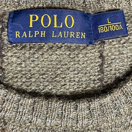 POLO RALPH LAUREN レザーエルボーパッチ付きウールアルパカセーター カーキ Lサイズ