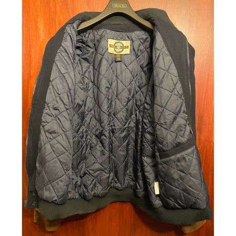 MADE IN CANADA製 90s NORTH END 袖レザースタジアムジャケット ネイビー×ブラウン XLサイズ