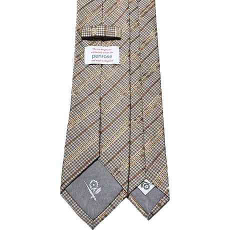 MADE IN ENGLAND製 penrose チェックレジメンタルストライプ柄シルクネクタイ ブラウン