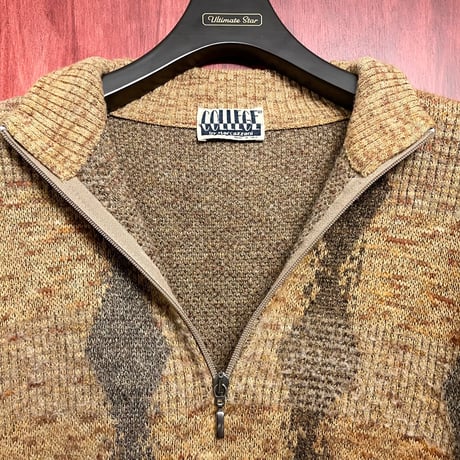 MADE IN ITALY製 90s COLLEGE by Marcazzani アーガイル柄ハーフジップウールアクリルセーター ブラウン 50サイズ
