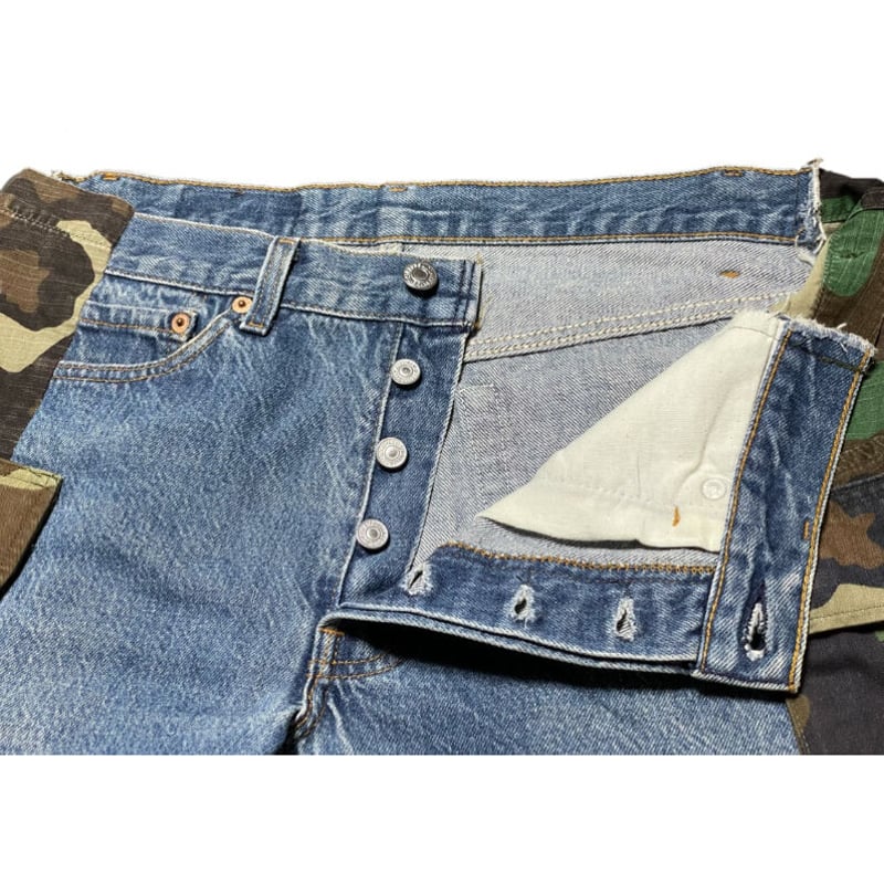 リメイク品 Levi's 501 デニム×迷彩カーゴハーフパンツ ライト