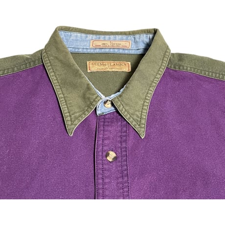 GUESS CLASSICS by GEORGES MARCIANO 長袖ツートンカラーシャツ パープル×カーキ Lサイズ