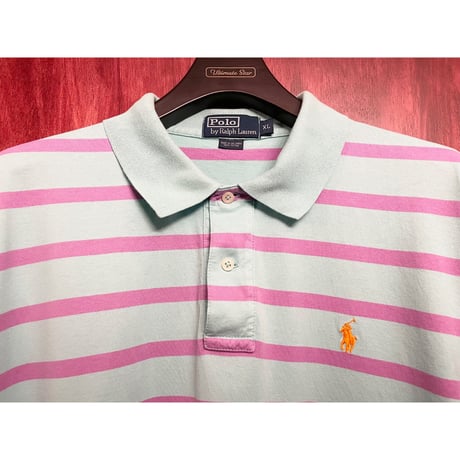 Polo by Ralph Lauren ボーダー柄 半袖ニットポロシャツ エメラルドグリーン×パープル XLサイズ