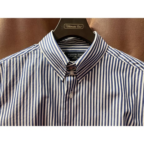 MADE IN JAPAN製 KAMAKURA SHIRTS 長袖ストライプタブカラーシャツ ホワイト×ネイビー