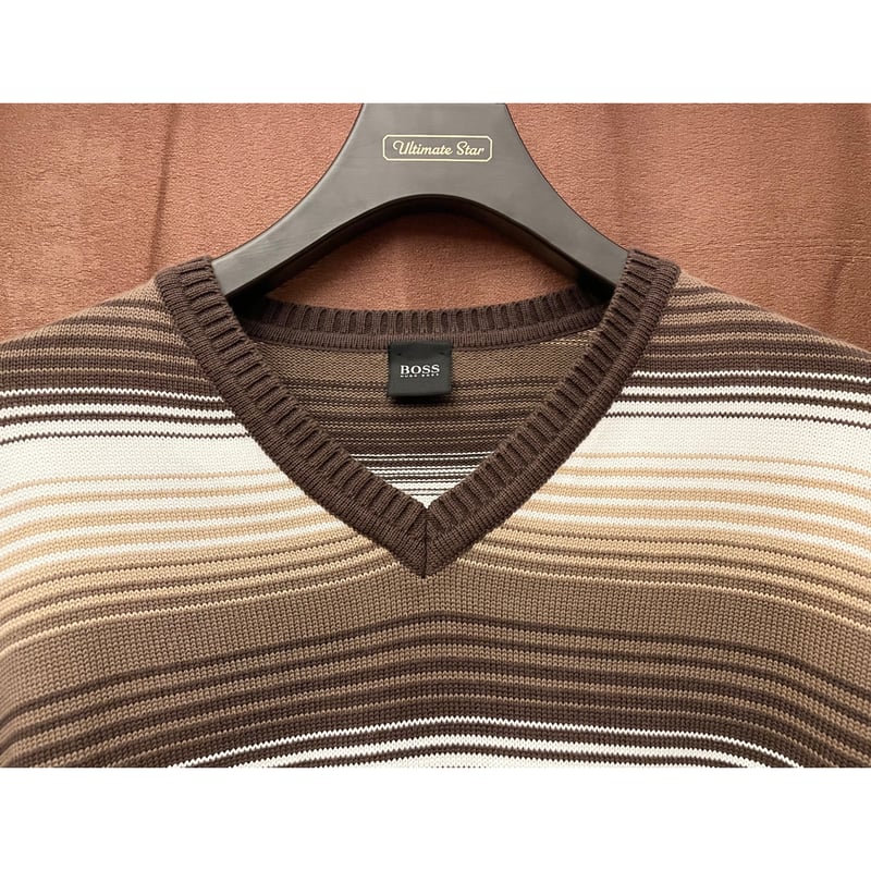 HUGO BOSS Vネックコットンセーター ブラウン×ホワイト Sサイズ 