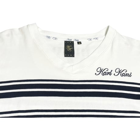 Karl Kani Vネック長袖ボーダーTシャツ ホワイト×ネイビー Mサイズ