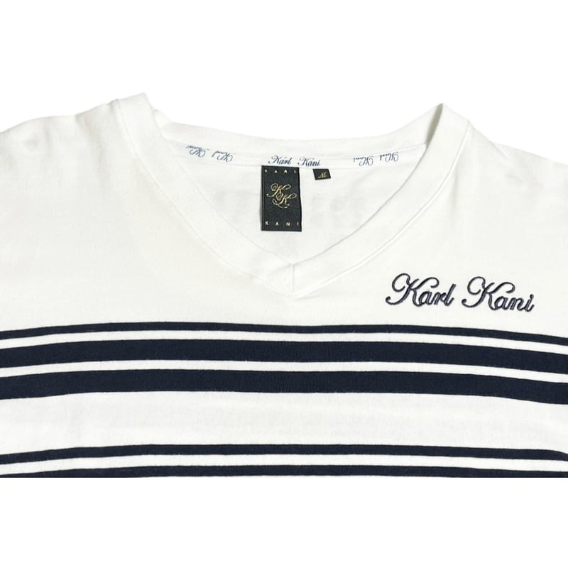 Karl Kani Vネック長袖ボーダーTシャツ ホワイト×ネイビー Mサイズ 