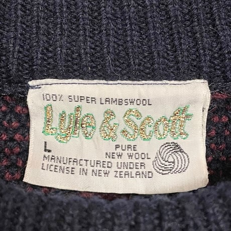 MADE IN NEW ZEALAND製 LYLE&SCOTT スーパーラムウールクルーネックセーター ネイビー×エンジ Lサイズ