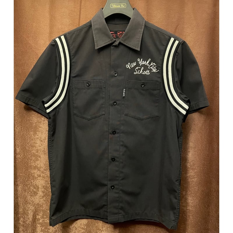 Schott 半袖シャツ ブラック Schott N.Y.C ショット 刺繍 半袖 ワークシャツ 開襟シャツ