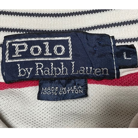MADE IN USA製 Polo by Ralph Lauren ボーダー柄半袖鹿の子ポロシャツ レッド×ホワイト Lサイズ