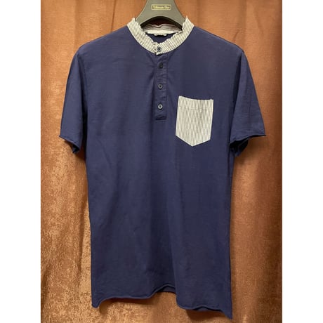 MADE IN ITALY製 DANIELE ALESSANDRINI 加工ヘンリーネックTシャツ ネイビー Sサイズ