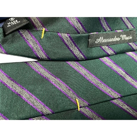 MADE IN ITALY製 Alessandro Masi レジメンタルストライプ柄シルクネクタイ モスグリーン×パープル