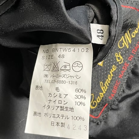 MADE IN ITALY製Wool&Cashmere生地使用 MADE IN JAPAN製 BARNEYS NEWYORK Pコート ブラック 48サイズ