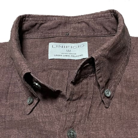 LINIFICIO FOR UNITED ARROWS GREEN LABEL RELAXING 半袖ボタンダウンリネンシャツ ブラウン Lサイズ