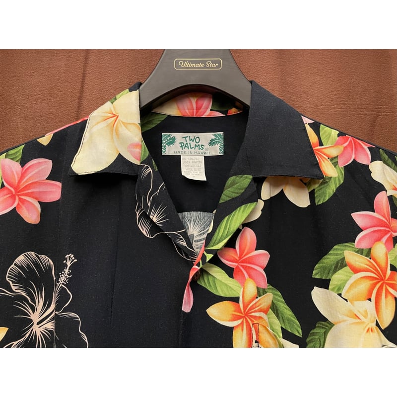 MADE IN HAWAII製 TWO PALMS 半袖花柄アロハシャツ ブラック M