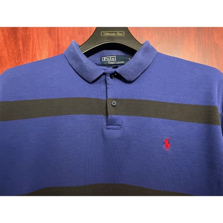 レア MADE IN USA製 Polo by Ralph Lauren ボーダー柄 半袖ニットポロシャツ ネイビーブルー Lサイズ