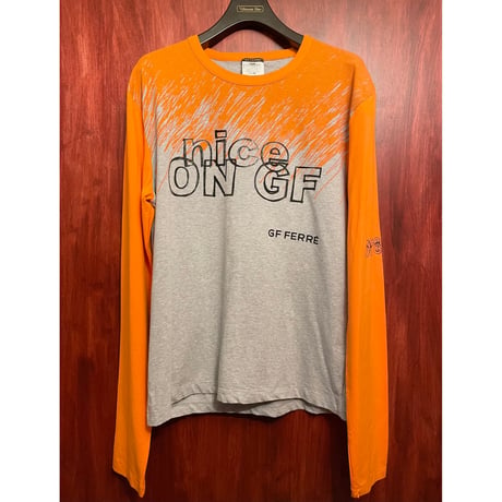 MADE IN ITALY製 GF FERRE 長袖プリントTシャツ オレンジ×グレー XXLサイズ