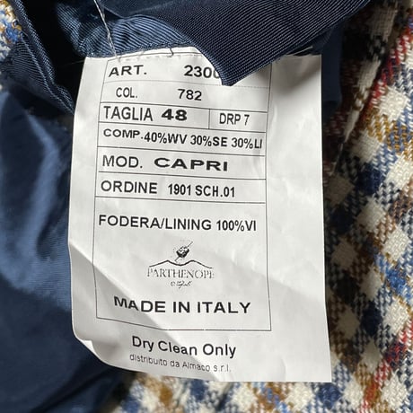 【BARNEYS NEWYORK 取り扱い】 MADE IN ITALY製 PARTHENOPE NAPOLI ウールシルクリネン混紡 チェック柄テーラードジャケット マルチカラー 48サイズ