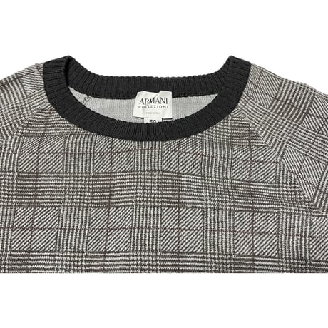 MADE IN ITALY製 ARMANI COLLEZIONI チェック柄クルーネックヴァージンウールセーター グレー 50サイズ