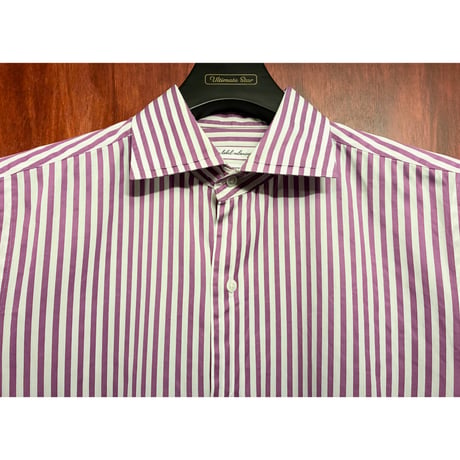 GREEN LABEL RELAXING SLIM FIT Canclini 1925生地 ストライプ柄 長袖シャツ ホワイト×パープル 40サイズ