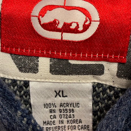 MADE IN KOREA製 ECKO UNLTD. ブロックチェック柄 プルオーバーニットパーカー ネイビー XLサイズ