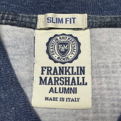 MADE IN ITALY製 FRANKLIN MARSHALL ALUMNI パッチワークプリント加工 半袖ニットポロシャツ インディゴ XSサイズ