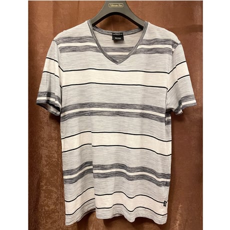 BOSS HUGO BOSS VネックボーダーTシャツ ホワイト×ネイビー Lサイズ