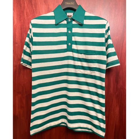 MADE IN USA製 70s~80s MUNSINGWEAR grand slam ボーダー柄 ポケット付き半袖ニットポロシャツ グリーン×ホワイト Mサイズ