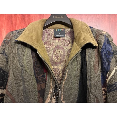 激レア MADE IN AUSTRALIA製 COOGI 3Dニット × スウェードレザー フルジップニットジャケット カーキ×ブラウン Mサイズ
