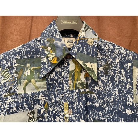希少 レア品 KENNINGTON 70s DISNEY オリンピックプリント長袖総柄シャツ ネイビー Lサイズ
