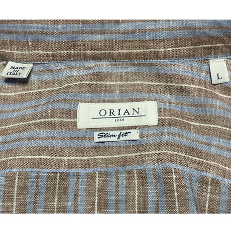 MADE IN ITALY製 ORIAN Slim Fit 長袖ボタンダウンリネンストライプシャツ ブラウン×サックス Lサイズ