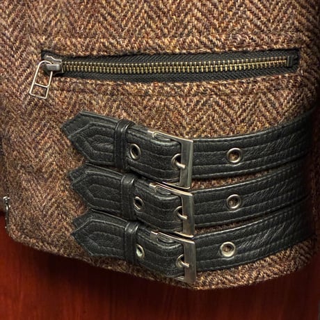 激レア MADE IN UK製 90s Harris Tweed 本革 レザーコンビ ダブルライダースジャケット ブラウン×ブラック Mサイズ