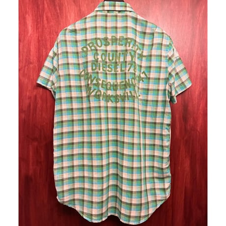 DIESEL チェック柄 半袖リネンコットンシャツ グリーン Mサイズ