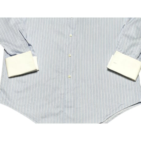MADE IN USA製 BROOKS BROTHERS クレリックダブルカフス長袖ストライプシャツ サックス 15-32サイズ イタリア製生地使用