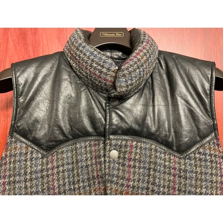 レア品 AMERICANWEAR GMBH × Harris Tweed レザーコンビチェック柄ウールダウンベスト グレー×ブラック Mサイズ