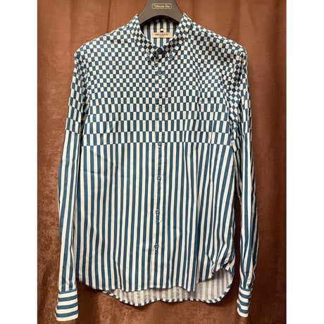 MADE IN PORTUGAL製 LEVI'S MADE & CRAFTED 長袖ブロックチェックストライプ柄シャツ ブルー×ホワイト 1サイズ