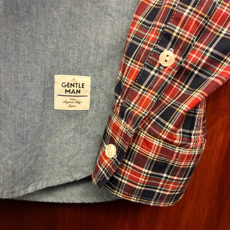 MADE IN JAPAN製 MISTERGENTLEMAN チェック柄×ダンガリー ドッキング長袖ボタンダウンシャツ マルチカラー×ライトインディゴ Sサイズ