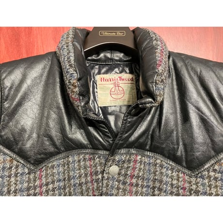 レア品 AMERICANWEAR GMBH × Harris Tweed レザーコンビチェック柄ウールダウンベスト グレー×ブラック Mサイズ
