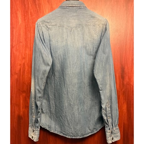 MADE IN ROMANIA製 DIESEL ダメージ加工 長袖デニムウエスタンシャツ ライトインディゴ Mサイズ