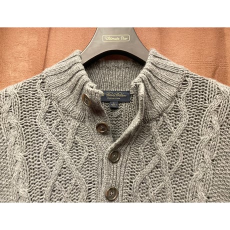 MADE IN ITALY製 BROOKS BROTHERS ITALIAN YARN ヘンリーネックメリノウールケーブルニットセーター グレー Lサイズ