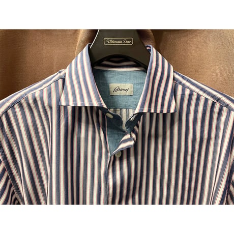 MADE IN ITALY製 Brioni 長袖ストライプ柄シャツ ホワイト×インディゴ 4サイズ