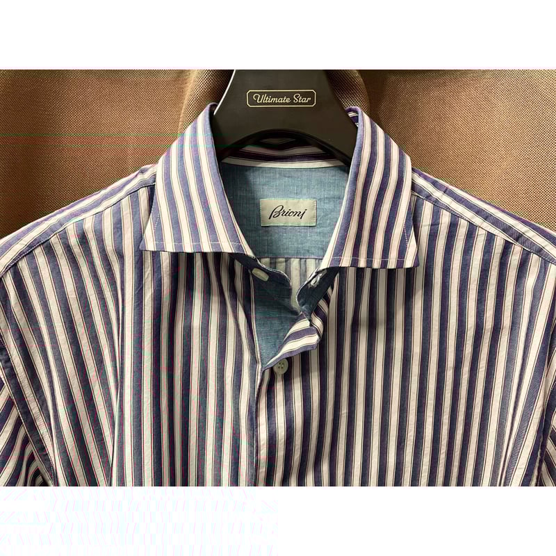 MADE IN ITALY製 Brioni 長袖ストライプ柄シャツ ホワイト×インディゴ  