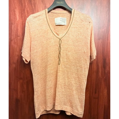 ▲訳あり商品▲ MADE IN JAPAN製 mean 刺繍入り リネン100% 半袖VネックTシャツ オレンジ 2サイズ