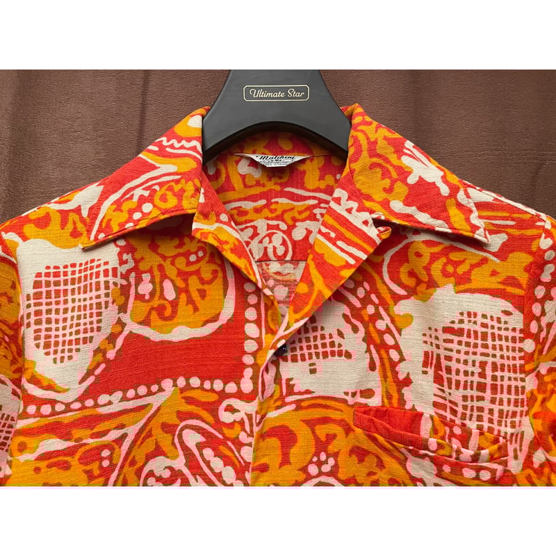 レア MADE IN HAWAII製 Malihini 半袖総柄アロハシャツ オレンジ | U
