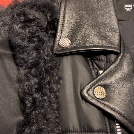 激レア MADE IN JAPAN製 MCM by PHENOMENON カルガンラムファー × カウレザー × ダウン × MA1 異素材MIX ダブルライダースジャケット ブラック 38/Mサイズ