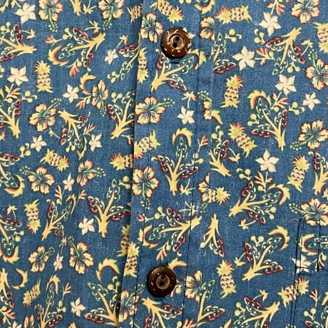 MADE IN HAWAII製 TWO PALMS アロハ柄 半袖コットンシャツ ブルー Mサイズ