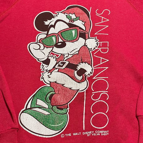 MADE IN USA製 70~80s Velva Sheen × Disney サンタミッキープリントスウェットトレーナー レッド Mサイズ