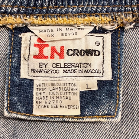 MADE IN MACAO製 80s~90s IN CROWD by Celebration ラムレザーコンビ デニムジャケット インディゴ×ブラウン Lサイズ