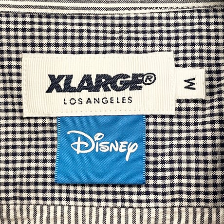 MADE IN JAPAN製 XLARGE × DiSNEY MICKEY MOUSE バックプリント入り ストライプ柄半袖シャツ ネイビー×ホワイト Mサイズ